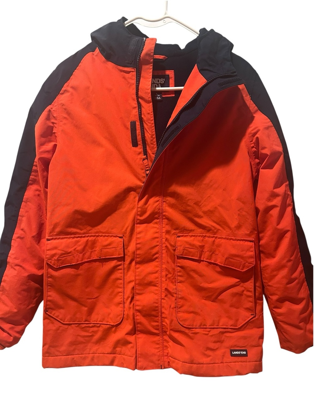 Lands' End youth Orange and Black Hooded Winter Jacket waterproof size 12-14